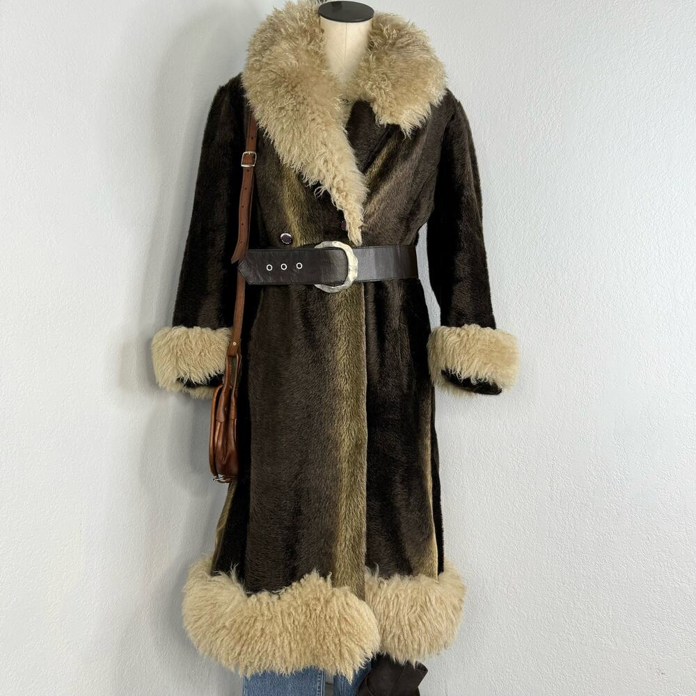 Vintage 1970s Penny Lane Long Brown Coat Faux Fur Size XS-Small